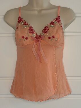 VTG Victoria's Secret Floral Mesh Babydoll Camisole Sheer Y2K Coquette M Peach